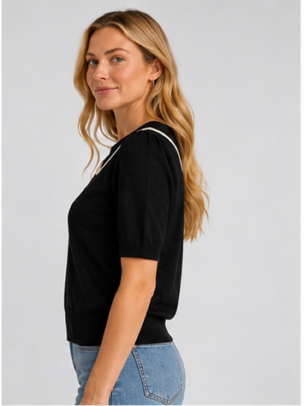 Black Short-Sleeve Crew Sweater with Cream Contrast Bow - Picture 3 of 8